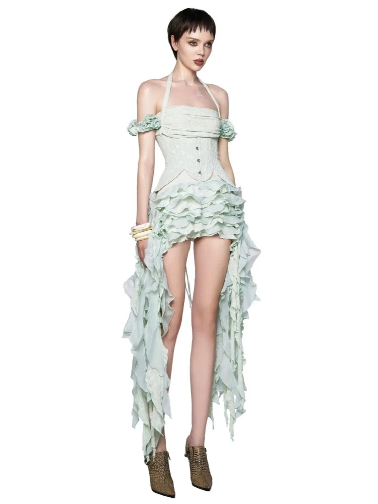 Robe drapée à volants pour femmes, ensemble trois pièces, Sexy, col licou, pliable, haut Corset à lacets, short, costumes de fête, Cocktail