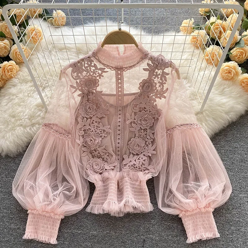 Dentelle bouffée à manches longues blouse vintage mode blouses élégant femme blusas coréen femme hauts femmes chemises vêtements livraison directe