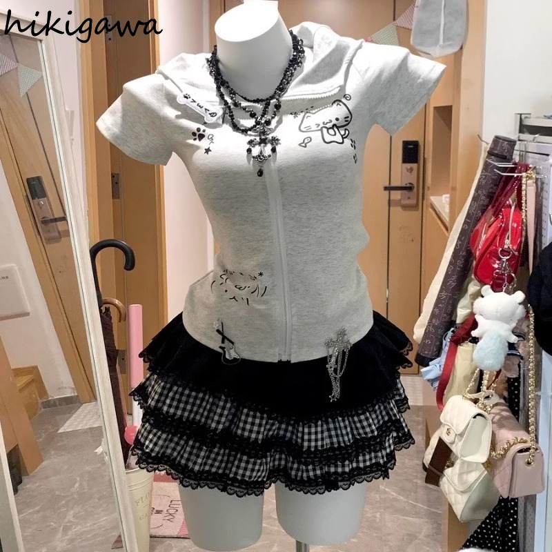 Mini jupes japonaises pour femmes, Streetwear, Patchwork en dentelle, Plaid Saia 2025, ligne a, mode Punk Y2k