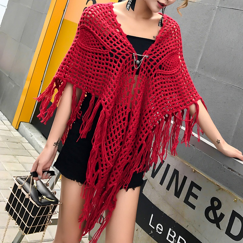 Écharpe en coton évidée faite à la main pour femmes, enveloppes élégantes, grand châle, cape, vêtements d'extérieur vintage, pompon assressenti, nouvelle mode