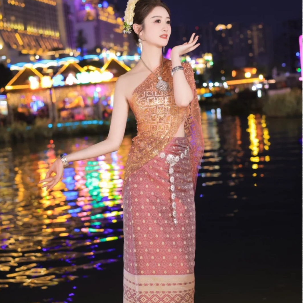 Robe Traditionnelle Thaïlandaise Vintage Dai pour Femme, Ensemble Jupe Sarong, Costume de Festival, Châle à Paillettes, Vêtements Asiatiques RON, 5 Pièces