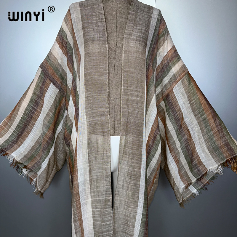 WINYI Kimono Bohème Kaftan Vêtement de Plage Cardigan Rayé Robe de Soirée Abaya Dubaï Tenue de Plage de Luxe Robe Maxi Femme