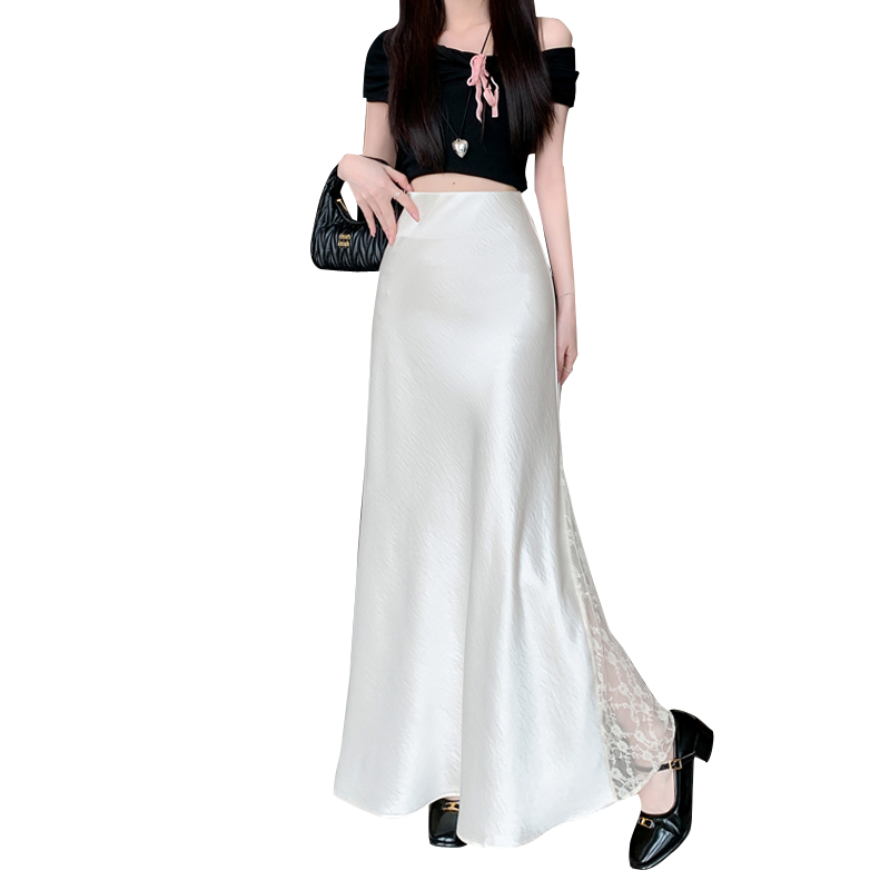 Jupe sirène élégante en satin pour femme – Jupe crayon moulante taille haute avec bordure en dentelle, longue jupe d'été