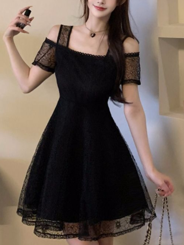 Robe d'été en mousseline pour femme, style coréen, pour le bureau, collection 2026, élégante et décontractée, noire, à épaules dénudées