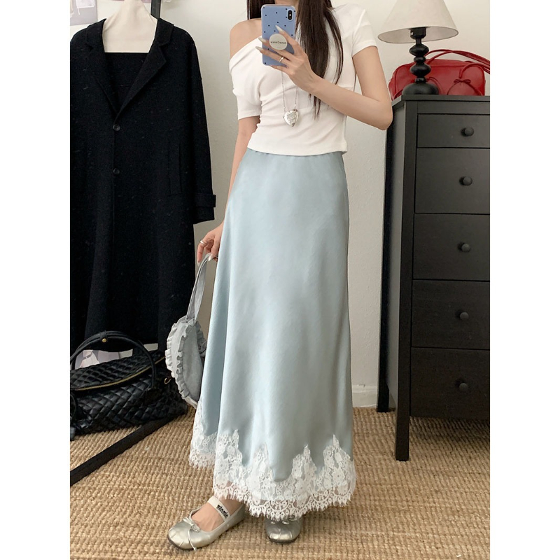Jupes longues élégantes pour femmes, taille haute, dentelle, Satin, ligne a, mode coréenne, couleur unie, jupe ample pour femmes, été