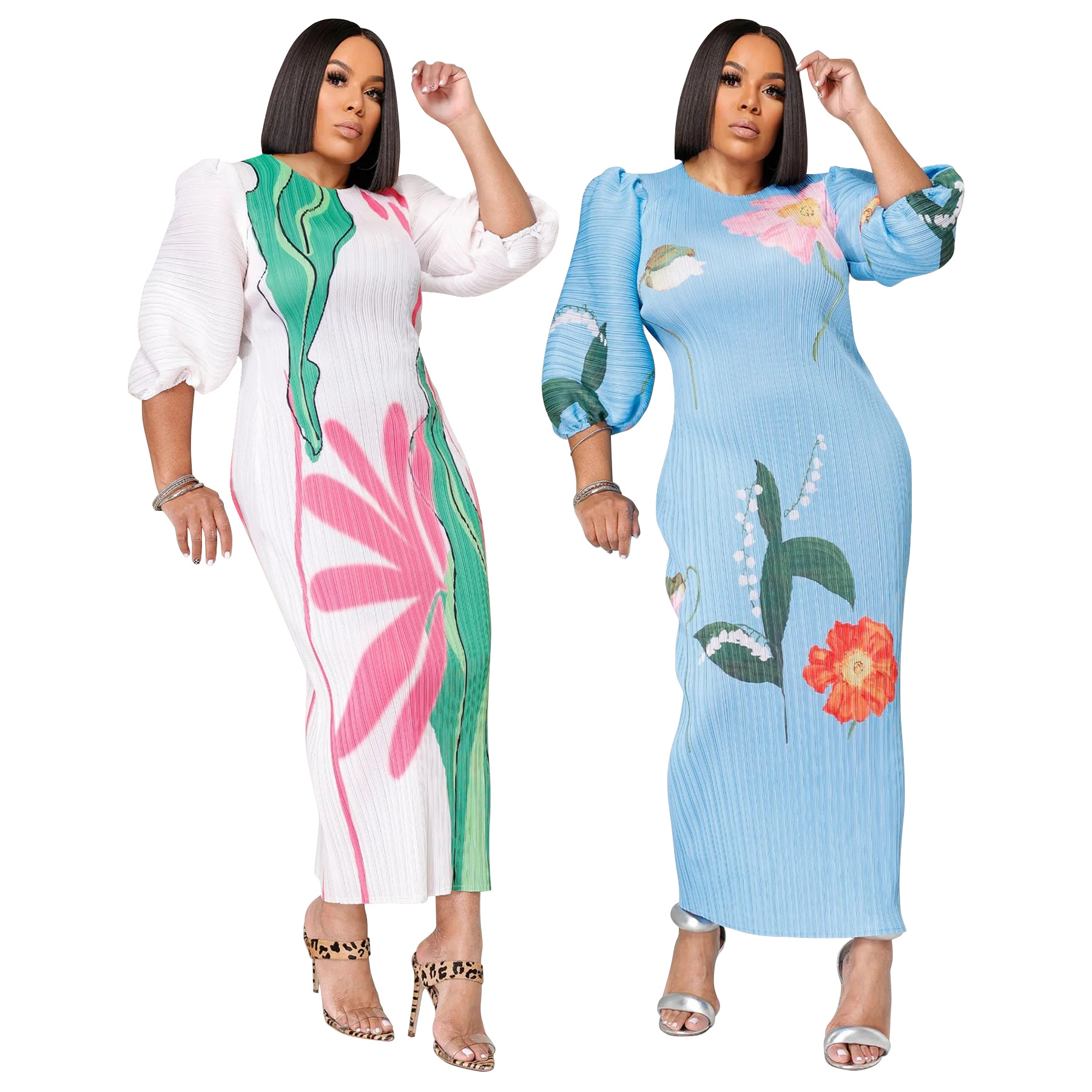 Robe longue pour femmes, imprimé Floral, col rond, manches lanternes, épissure élégante, Y2k, Streetwear, plissée, travail, été 2025