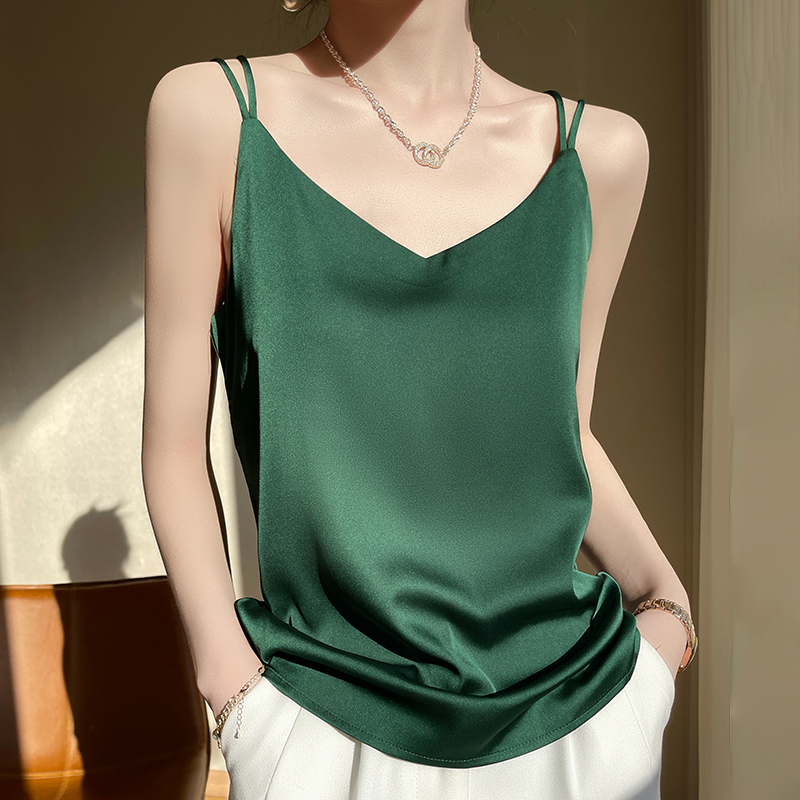 Camisole en Soie Véritable Col V pour Femme, Couleur Unie, en Soie de Mûrier d'Été, Coupe Ample, à Porter en Extérieur, Top Dos Nu