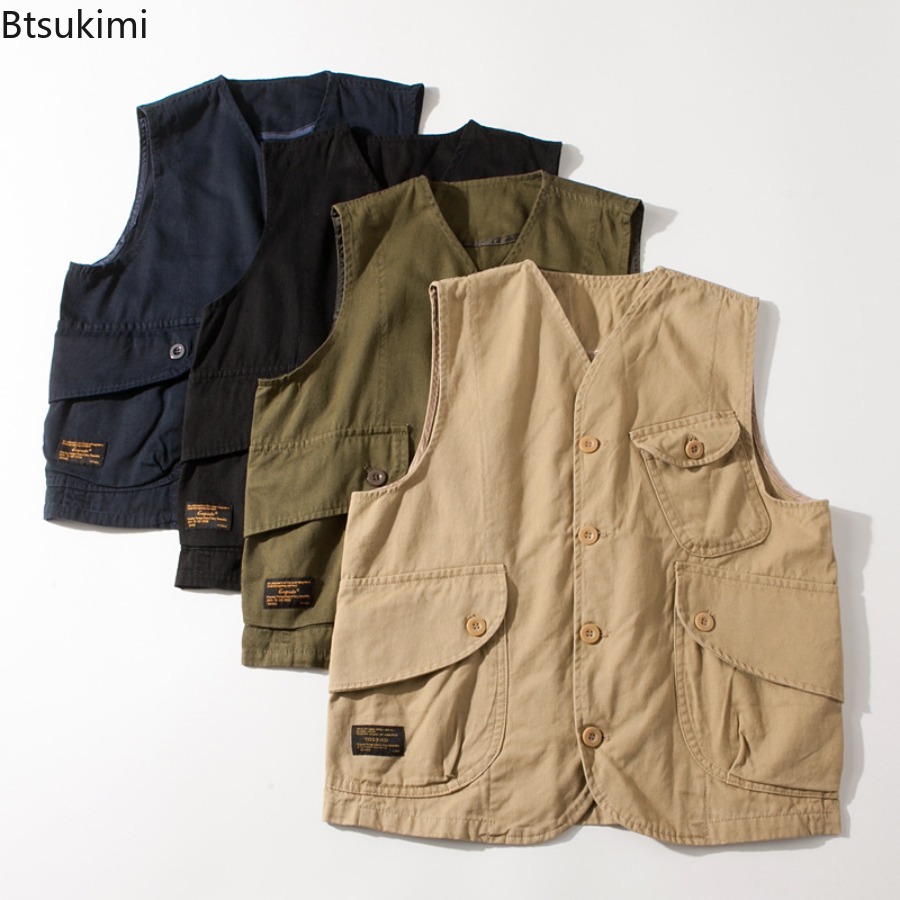 Gilet décontracté sans manches rétro pour homme, veste de travail polyvalente tendance pour homme, gilet cargo de voyage et de tir avec poches