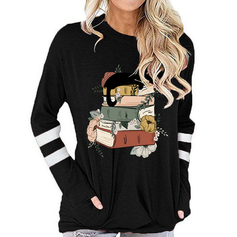 T-shirt à manches longues en coton pour femmes, Vintage chat avec livres imprimés, col rond, hauts drôles de fleurs, livres d'animaux, amoureux