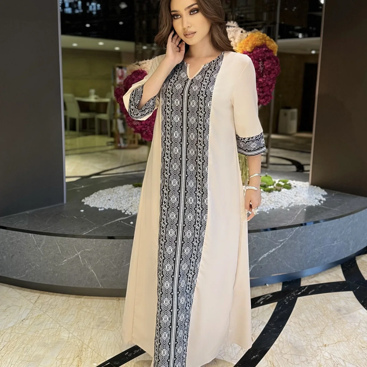 Robes Maxi musulmanes pour femmes, robe Hijab élégante, imprimée Ayabas, demi-manches