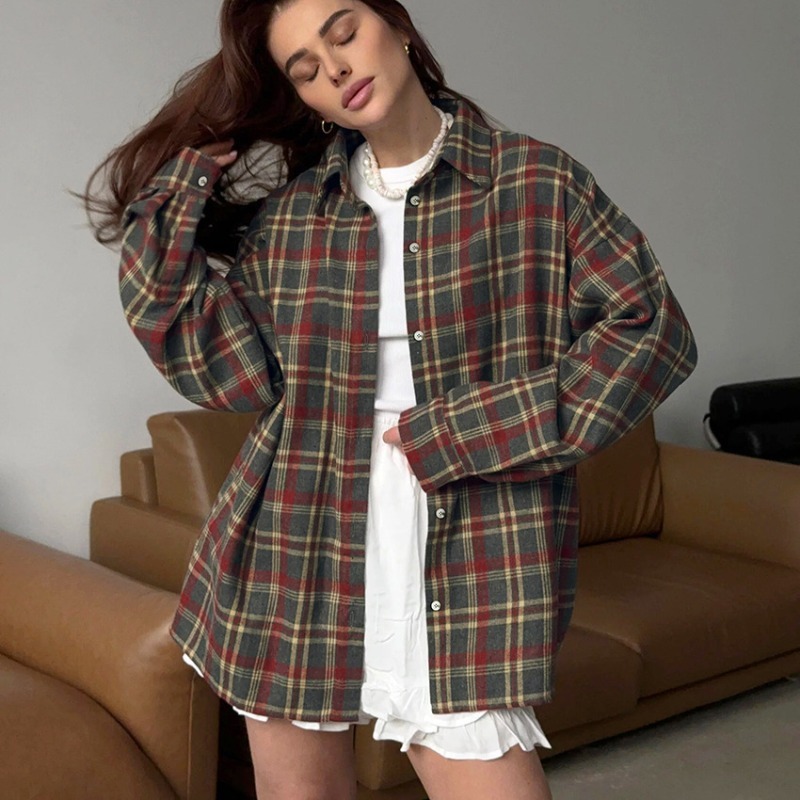 Chemise ample à carreaux en coton pour femmes, élégante, simple boutonnage, Patchwork, manches longues, chemises d'été, streetwear pour dames, 2025