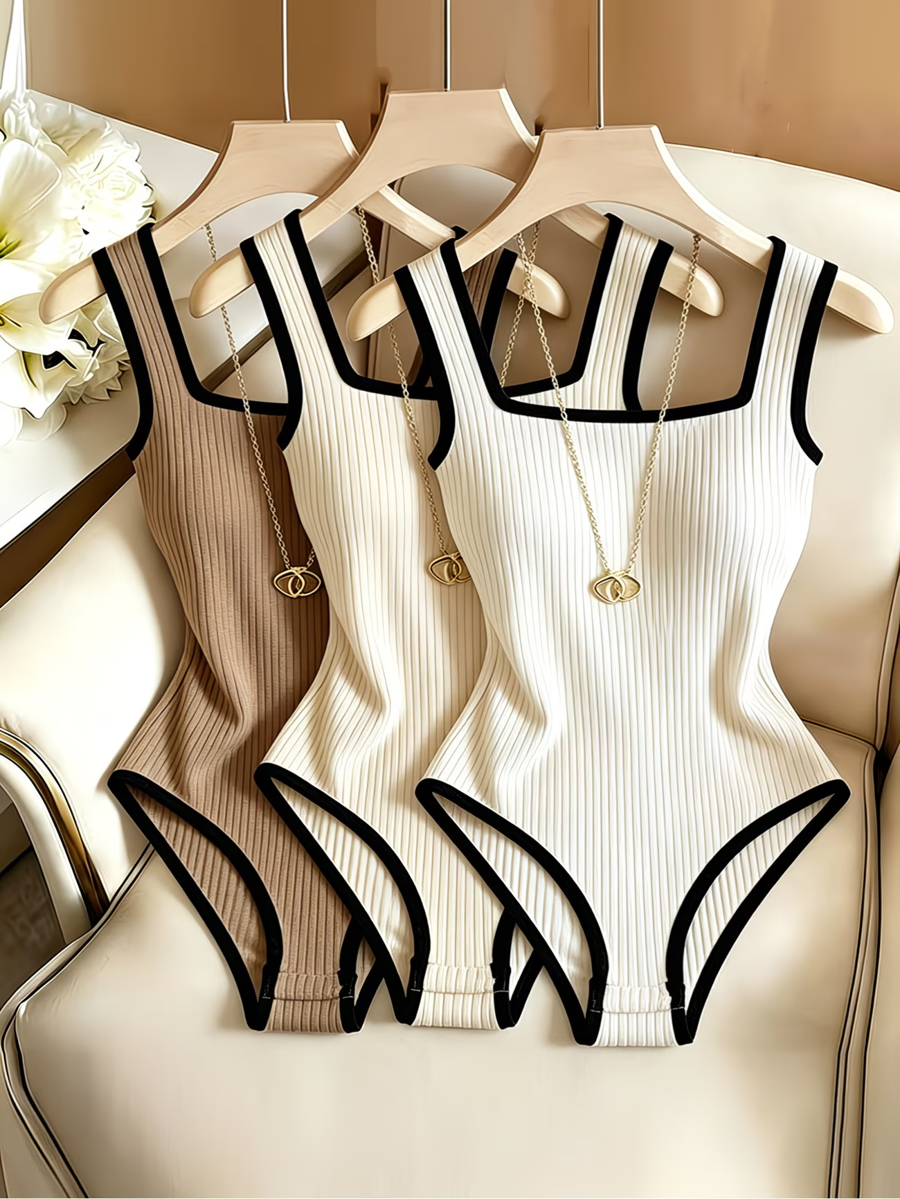 Ensemble de 3 bodys côtelés pour femme, noir tendance, col carré, style cintré à la taille, pour soirées estivales, élégant, pour la plage