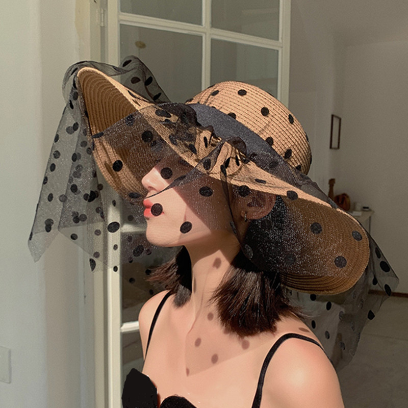 Chapeaux de paille en maille de dentelle pour femmes, chapeau de soleil à large bord, protection UV pliable, pois classiques et élégants, été