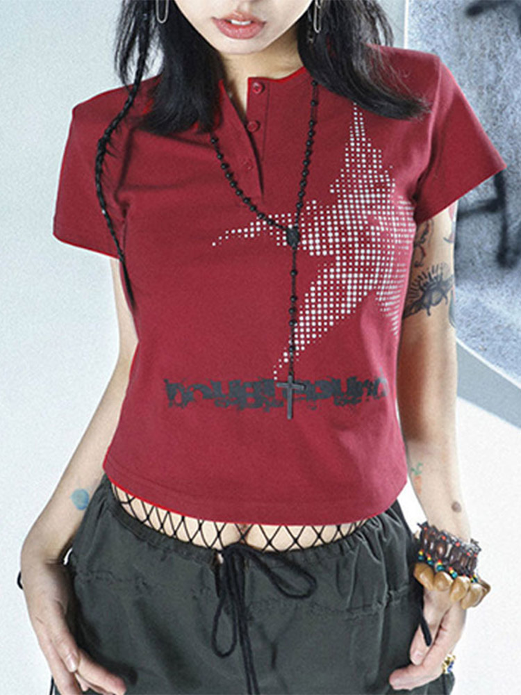 Haut court à manches courtes et col rond pour femmes, T-shirt graphique, Streetwear à motif d'étoiles, Style japonais, Y2K, Harajuku