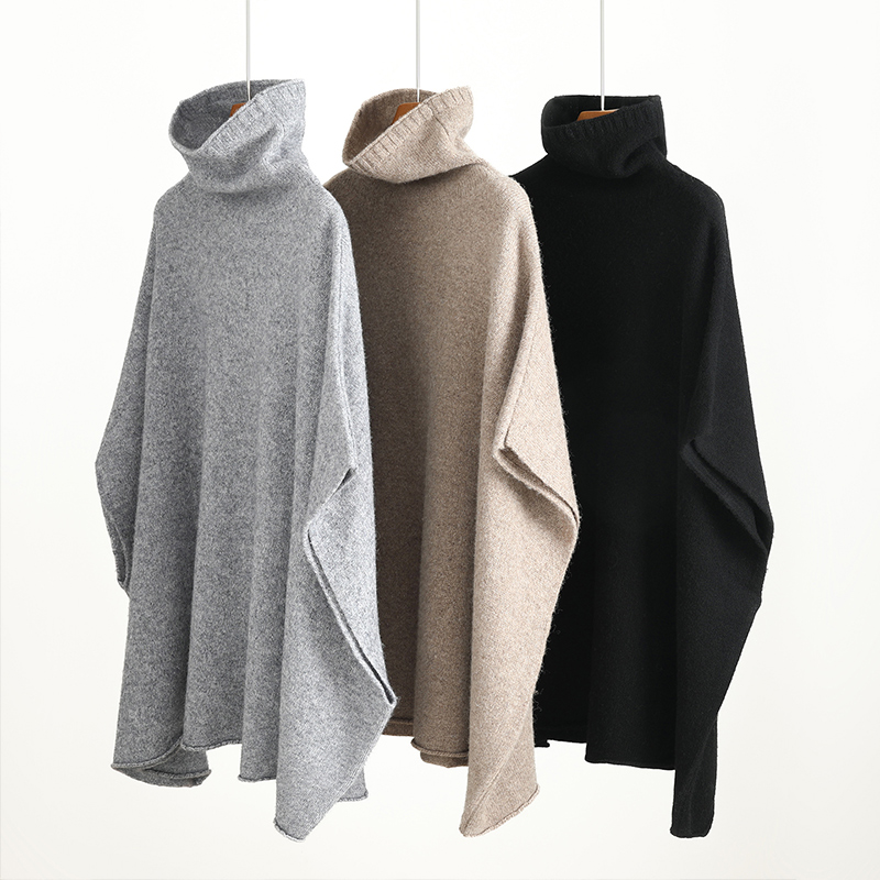 Châle 100 % pure laine pour femme, pull tricoté à col roulé, nouvelle collection automne-hiver, style décontracté et ample, pull-manteau tendance et polyvalent