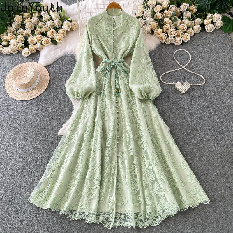 Robes Tunique Vintage pour Femme à Manches Longues, Taille Cintrée, Col Montant, Broderie Dentelle, Robe Longue Maxi 2026