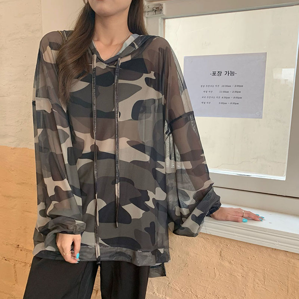 T-shirt à manches longues pour femme, haut en maille Camouflage, léger, surdimensionné, à capuche, Version coréenne, été