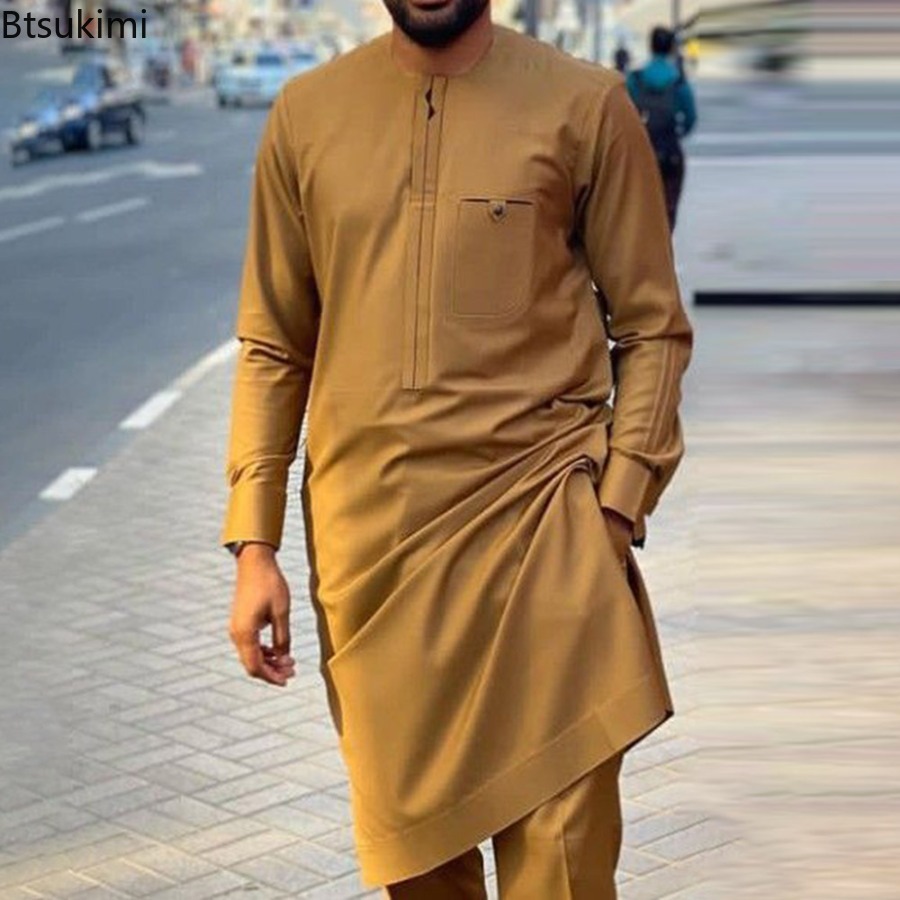 Hauts musulmans pour hommes, Style ethnique, manches longues, col montant, chemises décontractées, Slim, ourlet irrégulier, chemisiers pour hommes, maroc, dubaï, 2026