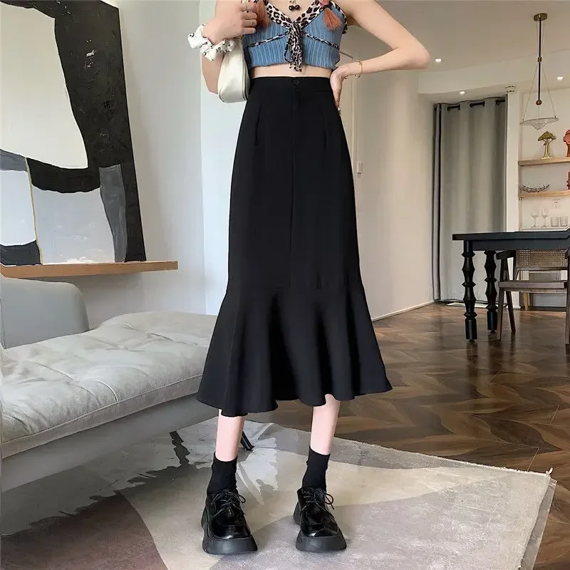 Jupe sirène à volants taille haute pour femmes, jupe longue formelle, mode élégante, noir et blanc, été, nouveau, 2025