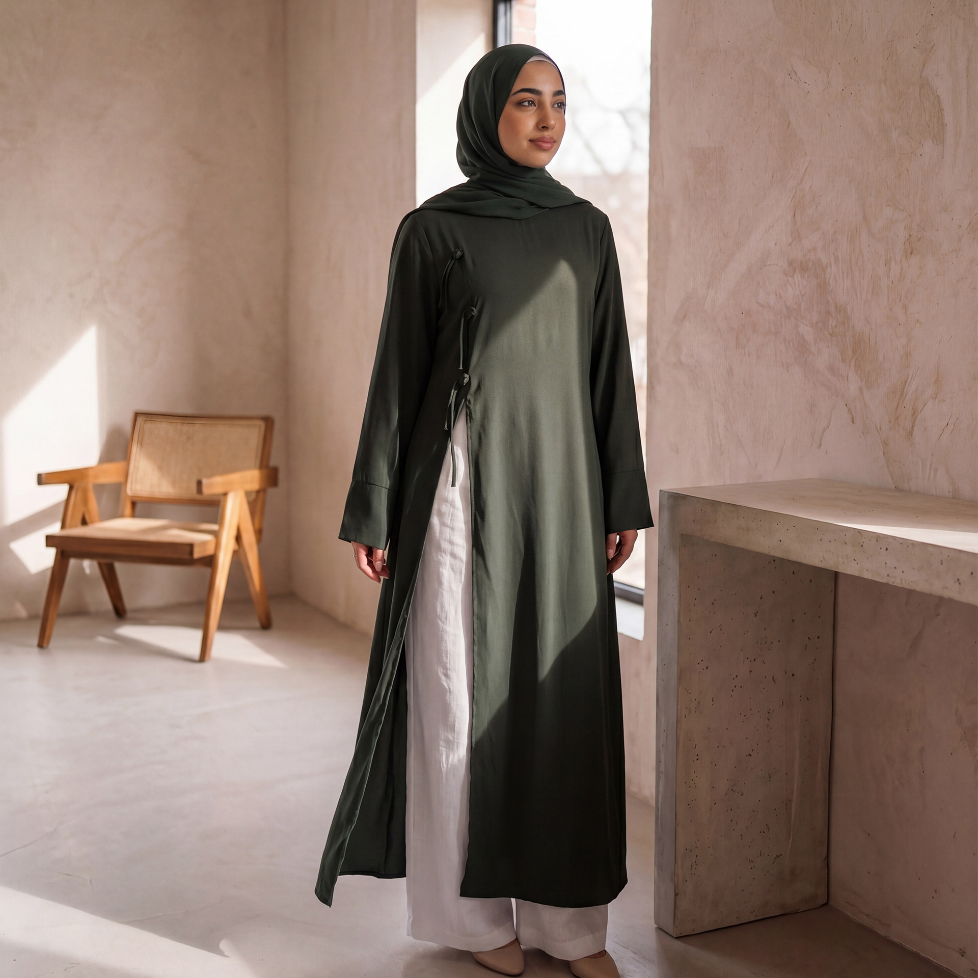 Abaya Longue Femme Musulmane Modeste pour l'Aïd, Blouse à Lacets Col Rond, Robe Maxi Ramadan Maroc Dubaï Islam Arabe Kaftan 2026