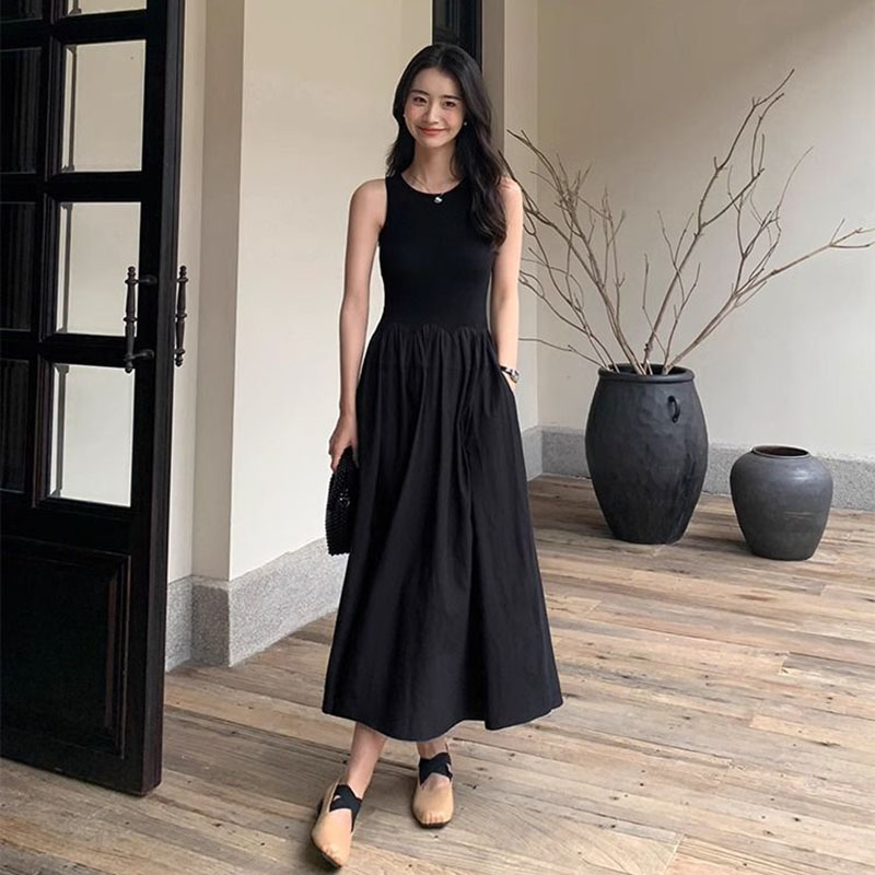 Robes longues tricotées noires pour femmes, été, sans manches, col rond, gilet, Chic coréen avec poches, Mini robe, 2025
