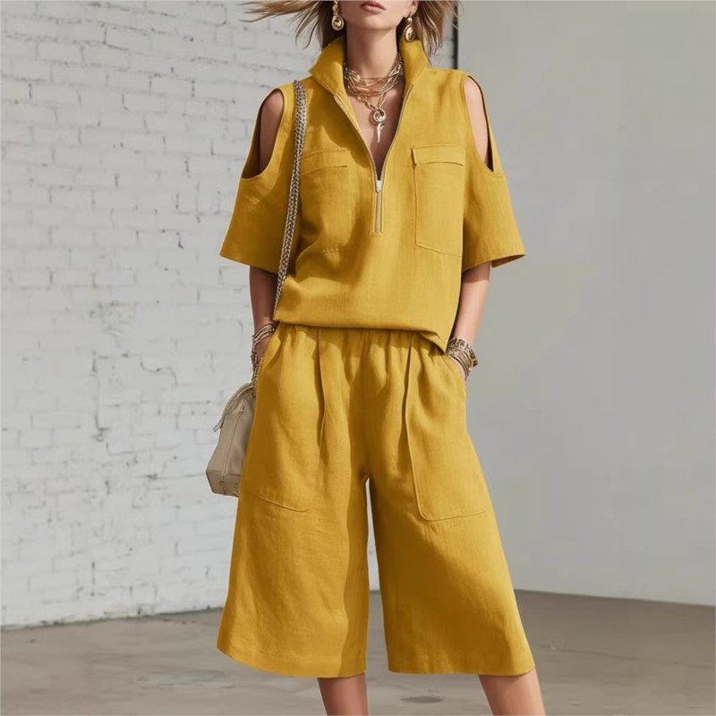 Nouvel ensemble deux pièces décontracté pour femme été 2026 : chemise à manches courtes et short ample avec poches – Collection mode féminine