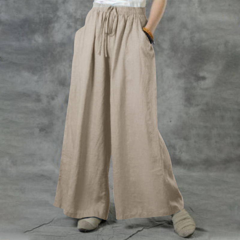Pantalon décontracté femme 2026, nouveau modèle ample en coton et lin, couleur unie, taille élastique, jambe large, avec poches, vêtements pour femmes