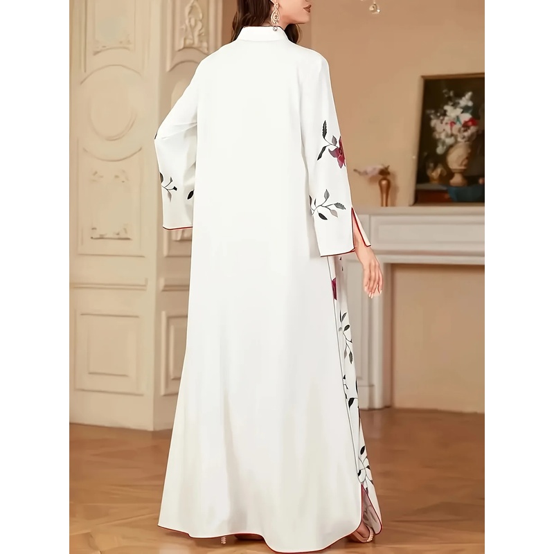 Robe élégante à col en V et manches longues pour femme, imprimé musulman, coupe ample trapèze avec ourlet fendu, idéale pour le Ramadan et les occasions de l'Aïd