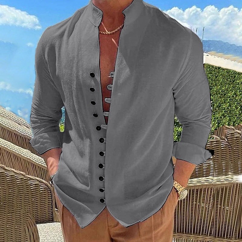 Chemisier d'été en coton et lin pour hommes, chemise ample décontractée à manches longues, couleur unie, cardigan à boutons, col haut, vêtements pour hommes