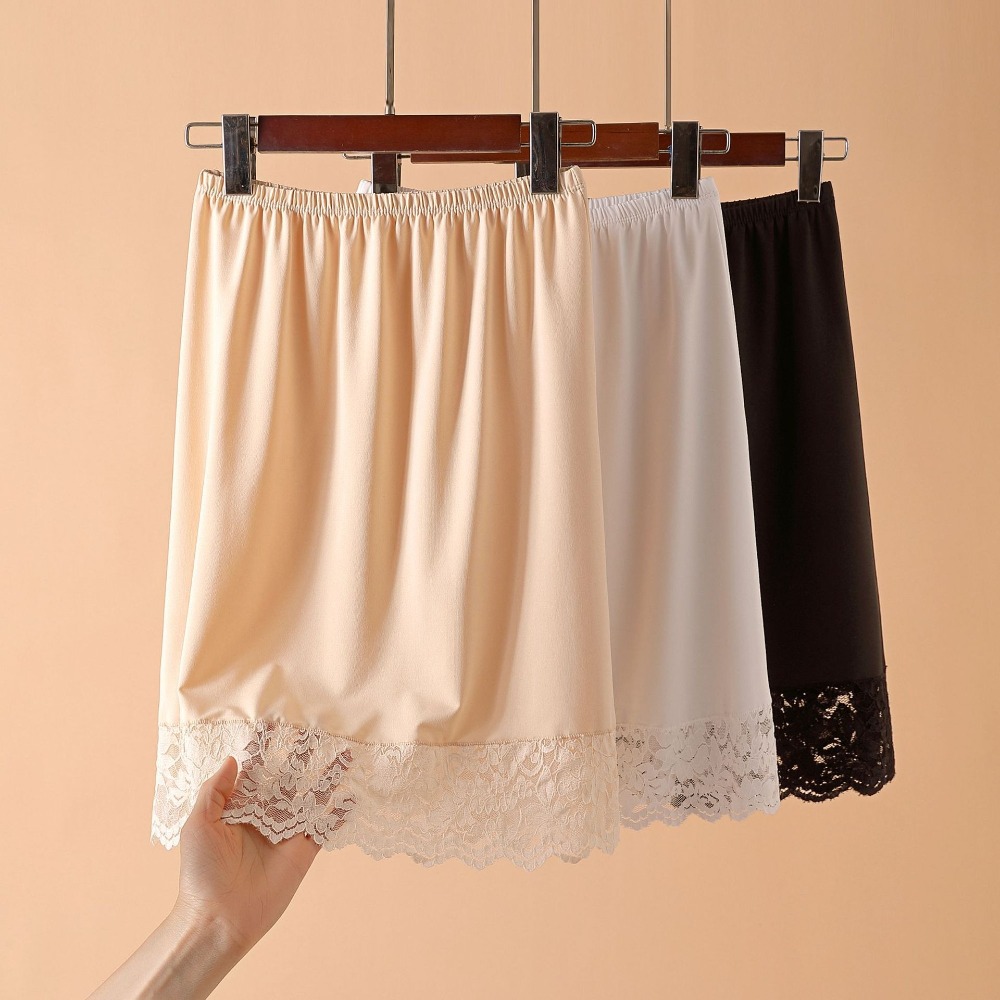 Jupe mi-longue en soie glacée fine pour femme, sous-jupe en dentelle anti-transparence, taille haute, maille élastique à motif floral