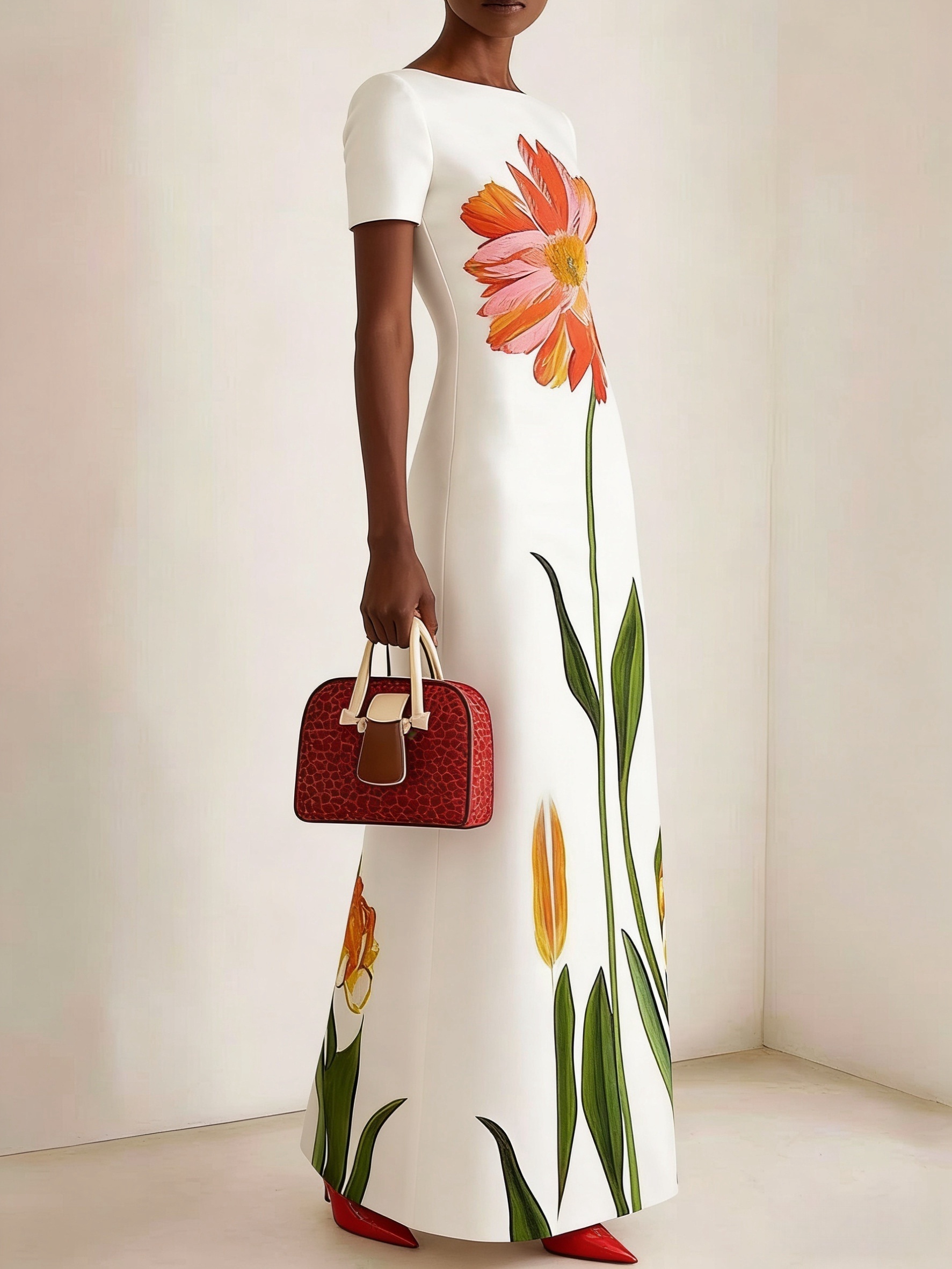 Vêtements d'été pour femmes, nouveau style, imprimé artistique, col rond, manches courtes, robe longue, robe longue rétro ajustée, élégante et tendance, adaptée au quotidien, aux rendez-vous, aux mariages, aux banquets, aux cérémonies de remise des diplômes