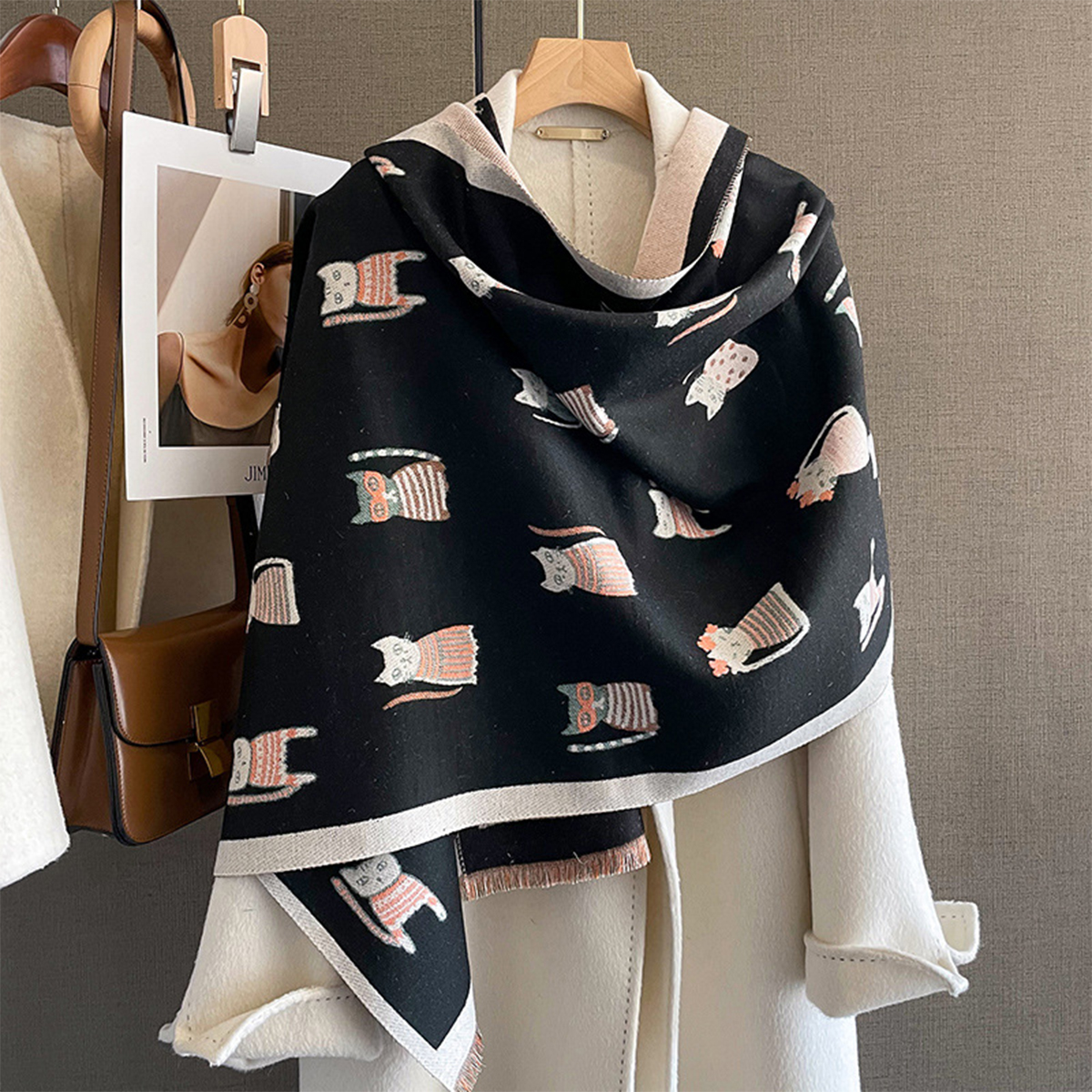 Écharpe chat mignon pour femme pour robe de soirée de mariage sensation de cachemire élégant hiver épais chaud châle longues écharpes classique cadeau de vacances