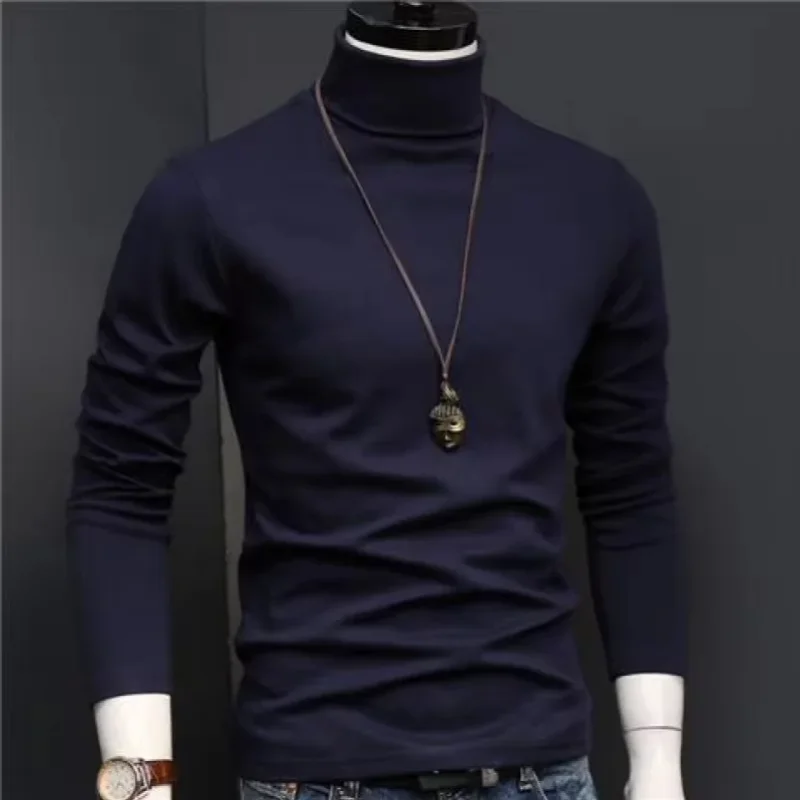 Chemises originales pour hommes T-Shirt automne/hiver vêtements intérieurs à la mode pour hommes chemise à col roulé coupe ajustée chemise à manches longues noire unie