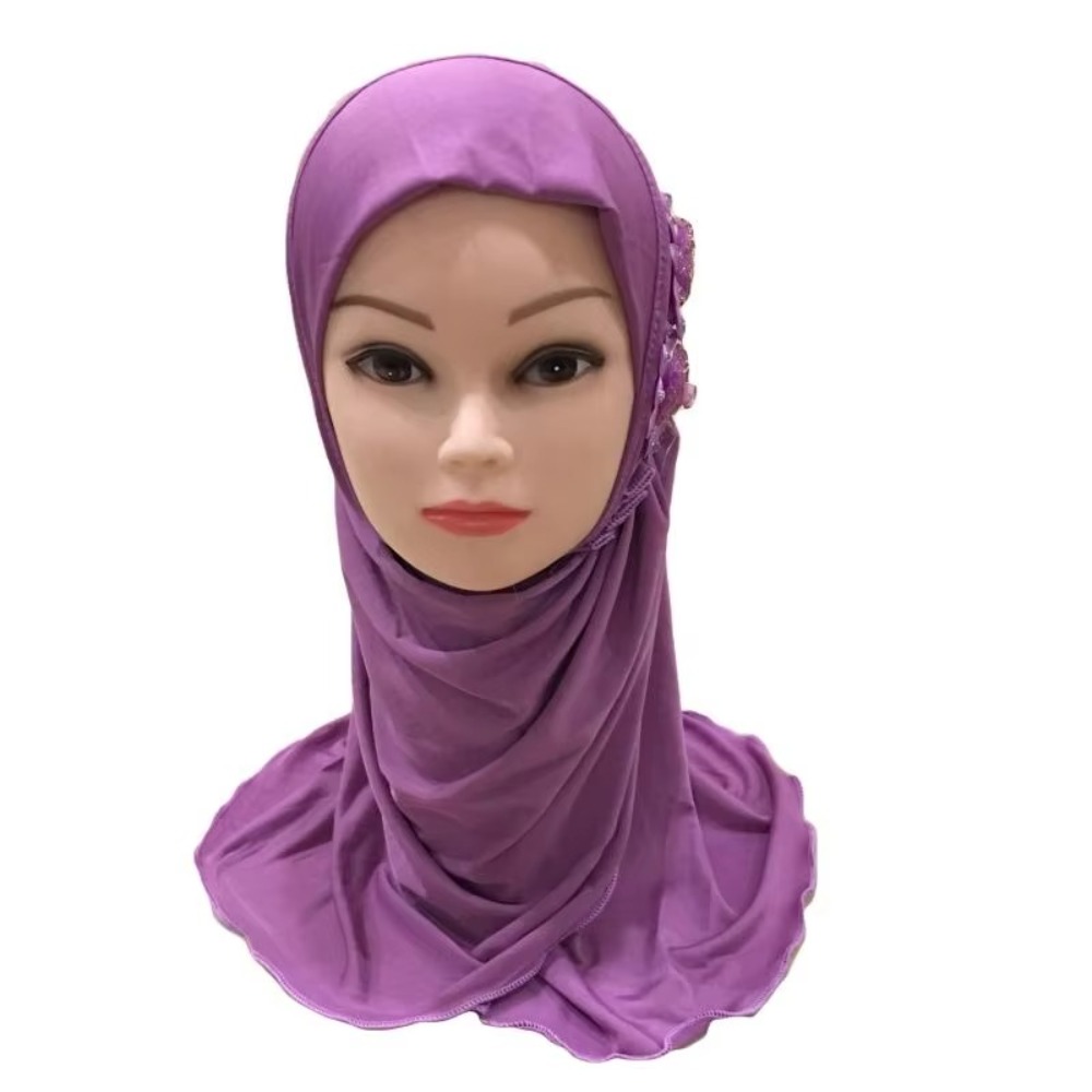 Tête de fleurs solides pour enfants, Hijabs élastiques de 50cm pour filles musulmanes, chapeau de prière, Turban, écharpe islamique, châles
