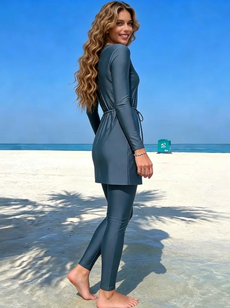 Nouveau maillot de bain musulman Burkini 3 pièces, ensemble de maillots de bain de couleur unie pour femmes musulmanes, combinaisons à manches longues, combinaison de plongée et vêtements de surf pour l'été