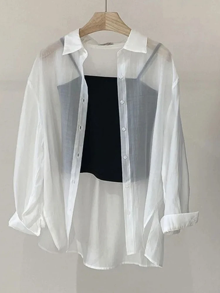 Chemise en maille pour femmes, vêtements d'été fins, manches longues, ample, Chic coréen, gaze fine, doux, étudiant, revers, vêtements de protection solaire