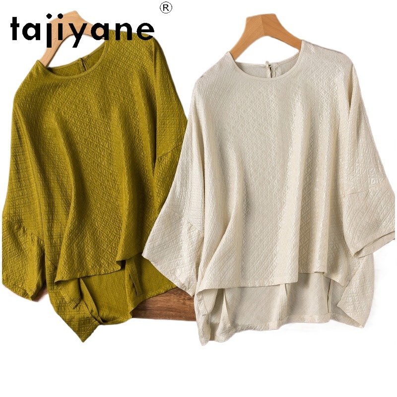 TAJIYANE T-shirt Femme 100% Soie de Mûrier à Carreaux Manches Chauve-Souris Simple Décontracté Hauts Printemps Vêtements Femme 2026