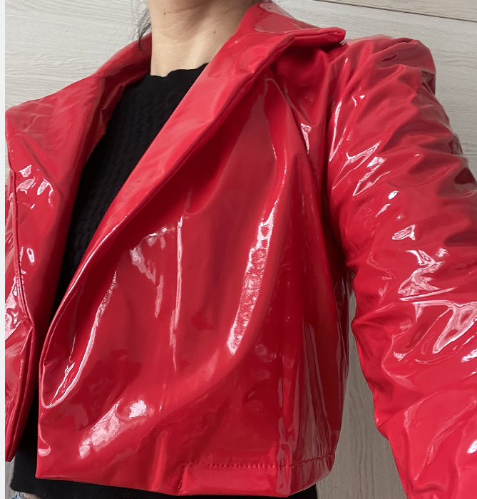 Veste à manches longues en cuir verni brillant pour femme, manteau court à revers, look de support pour femme, costume de fête cosplay
