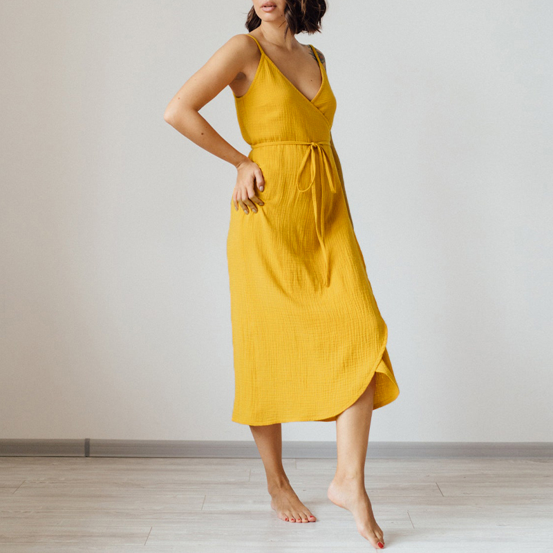 Robe vintage pour femme 100% coton crêpe gaze, col en V, sans manches, longue maxi, élégante, avec bandage