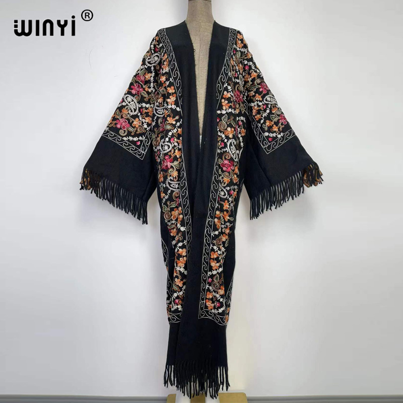 WINYI hiver femmes gland Pashmina broderie Long manteau ample revers robe femme épais chaud taille libre moyen-orient femme KIMONO