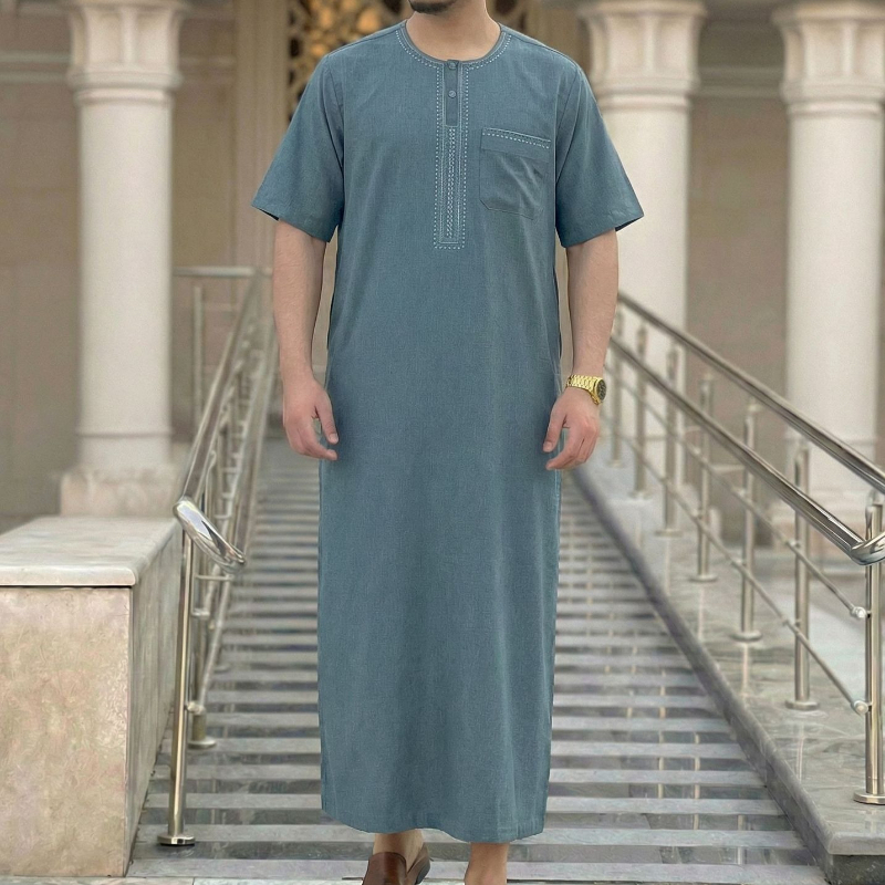 Jubba Thobe à manches courtes pour hommes musulmans, Kaftan islamique vintage marocain, Djellaba de prière brodée en mélange de viscose, Tunique Abaya pour homme