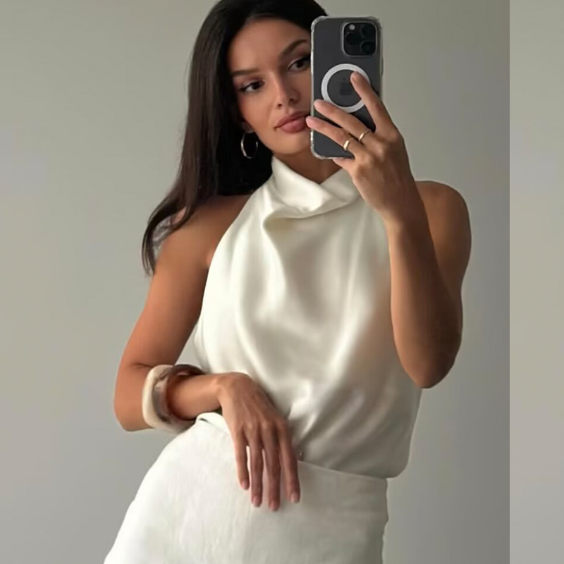 Hauts pour femmes, haut sexy en satin à bretelles, mode féminine, uni, élégant, dos nu, débardeur, nouveau été 2026, haut à bretelles décolleté, haut pour femmes