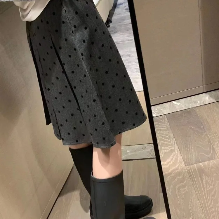 Jupe froncée à points ondulés pour femmes, Y2k, taille haute, mi-longue, nouvelle collection printemps automne 2025, jupes trapèze grises