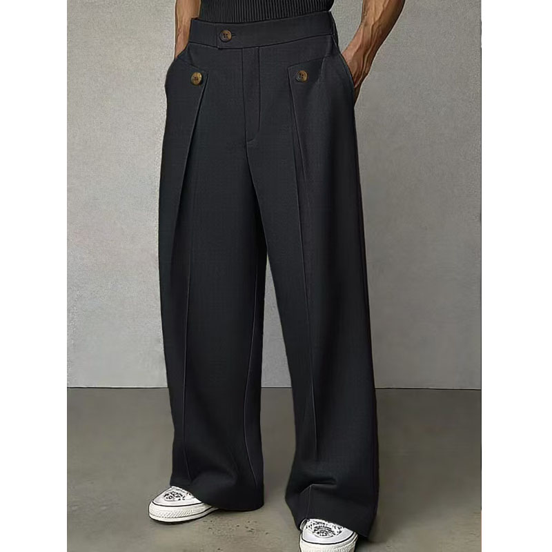 Pantalon de costume décontracté pour homme, mode printemps-automne, plusieurs boutons, taille haute, coupe droite ample, pantalon long uni pour affaires
