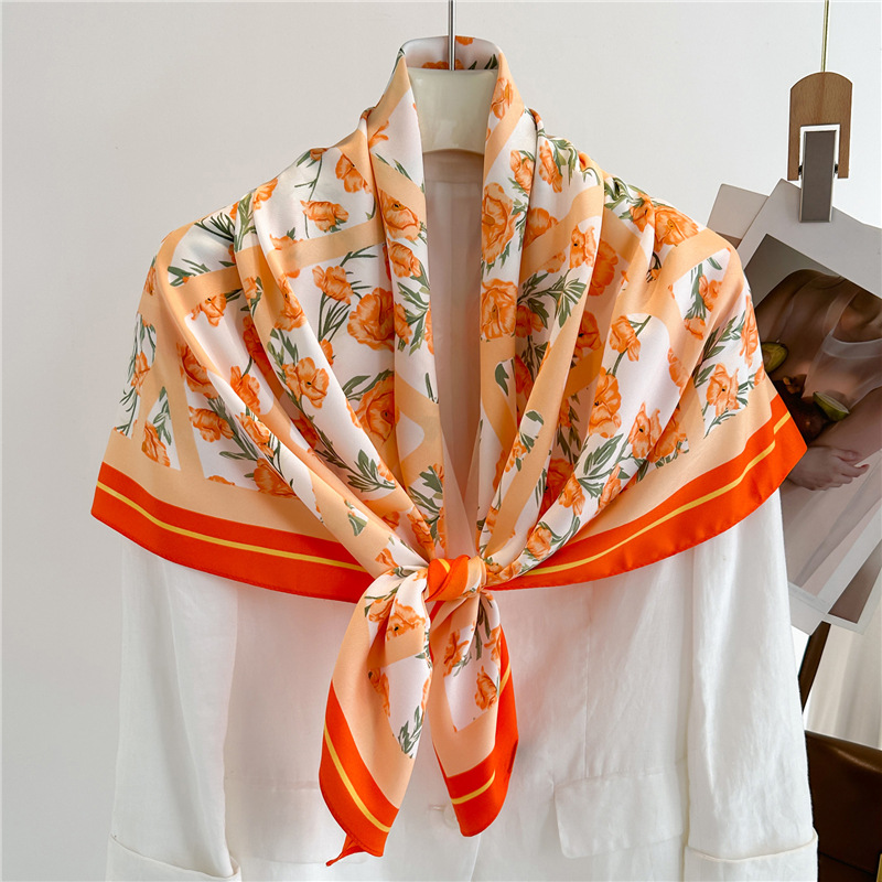 Nouveau grand foulard carré, châle floral en twill de velours de soie, 90 cm, protection solaire, foulard simple pour femme pour le printemps et l'été