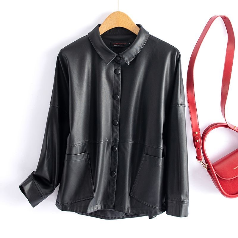 Veste courte en cuir de mouton pour femme, poches à boutons ajustée, CombChic Office Ladies, Split Sheep Leather, Korean At Outwear