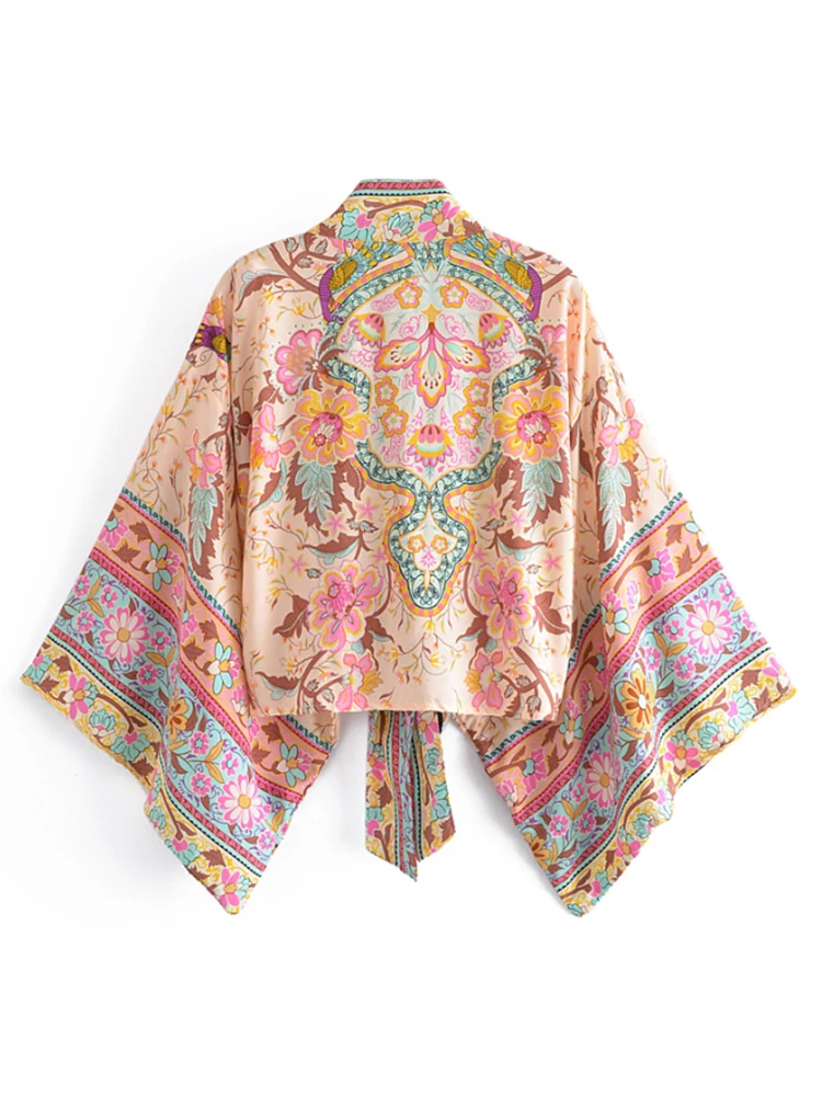 Kimono court imprimé floral paon pour femme, manches chauve-souris, coton rayonne, mode vintage, robe de plage pour femme, bikini Boho, couvertures