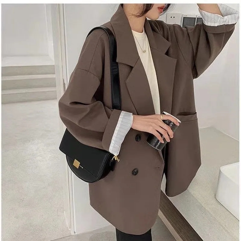 Blazer marron Vintage pour femmes, élégant, officiel, mode printemps-automne, manches longues, surdimensionné, Chic, veste de costume décontractée