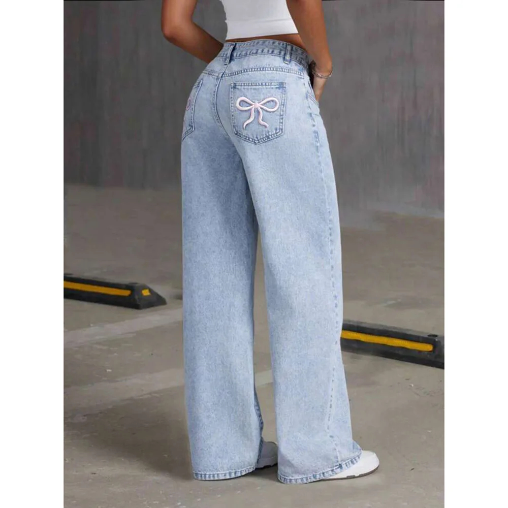 Denim pantalon à jambes larges femmes jean broderie taille haute en détresse lavé maman poches Vintage longueur de plancher pantalon Streetwear