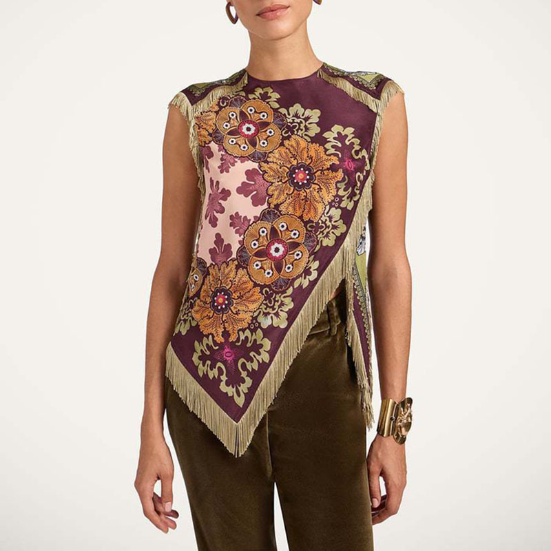 Ethnique Vintage imprimé fleuri femme vêtements élégant col rond gland croix fendu haut irrégulier été sans manches fermeture éclair Blouse chemises